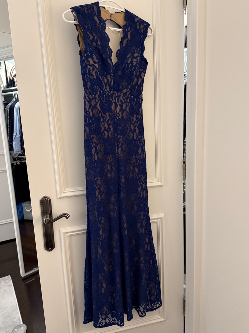 Xscape Royal Blue Lace V-Neck Sleeveless Maxi Dress